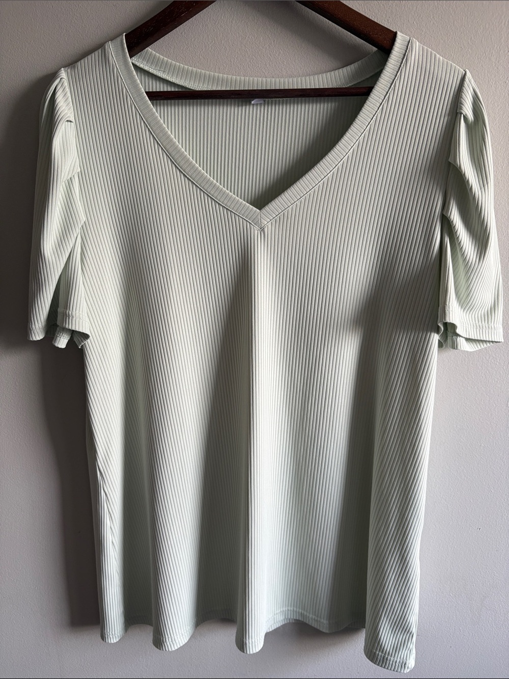 Mint Green Ribbed V Neck Top XL Stretch Short Sleeve Basic Tee
